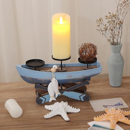 Nautical Candle Holder for Beach House Table & Lake House - Ocean Themed Farmhouse Boat Candlestick Holders, Marine Beach Style Handmade Coastal Accent, Housewarming Gifts