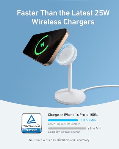 Anker MagGo iPhone 17 MagSafe Charger Compatible Stand, 15W Fast Magnetic Wireless Charging Station, Qi2 Certified 360° Wireless Charger (White, with Cable) - color: White