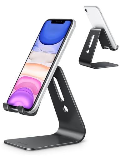 OMOTON Upgraded Aluminum Cell Phone Stand, C1 Durable Cellphone Dock with Protective Pads, Smart Stand Designed for iPhone 17 Air, 16/15/14/13 Pro Max XR XS, iPad mini, Android Phones, Black - color: Black