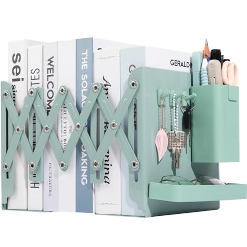Adjustable Bookends, 19" Metal Book Ends for Heavy Books, 2 Dividers Bookends with Removable Pen Holder, Tray, and 3 Hook-up, Book Organizer for Office, School, Bookstore, Home - color: Green