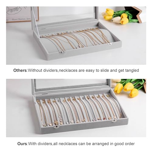 Frebeauty 15 Hooks Necklace Tray Velvet Neckalce Organizer with Clear Lid Lockable Necklace Holder Box Jewelry Organizer for Pendants Chains Necklace Jeweley Tray for Women (Purple) - color: Purple
