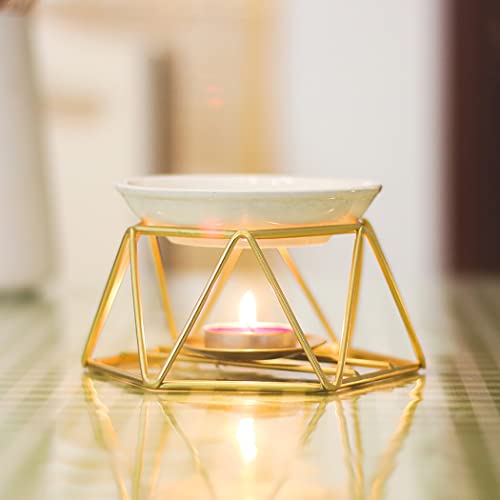 SXCHEN Tealight Oil Burner Ceramic Essential Oil Burner Tealight Candle Holder Aroma Scented Candle Oil Diffuser Glod Metal Tea Light Wax Melt Warmer Furnace Home Decoration - color: Gold