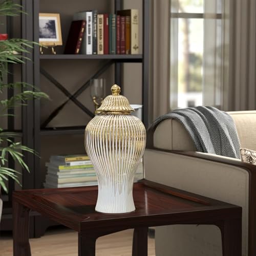 Ginger Jar, White Gold Ceramic Vase Large Handmade Porcelain Vases with Lid, White Gold Decorative Flower Vase for Home, Living Room, Weddings, Centerpieces (B-Medium) - size: B-Gold-Medium
