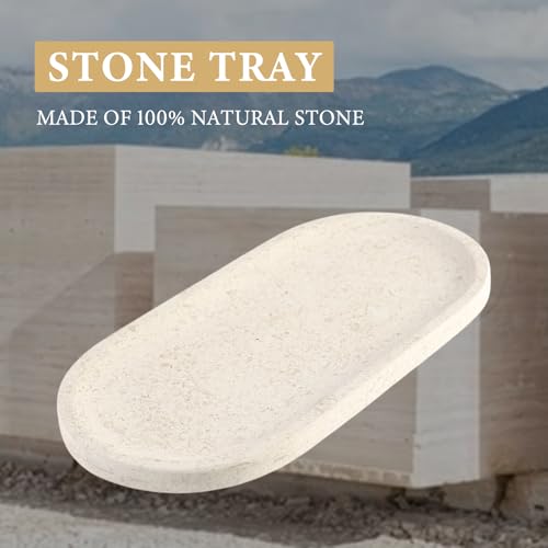 Koville Marble Vanity Tray for Decor, Natural Bathroom Tray for Bathroom Countertop, Stone Decorative Trays for Dresser Organizer, Storage Trays for Perfume, Jewelry Holder(Beige Yellow) - color: Moca Cream Media, size: 12" x 6" x 0.7"