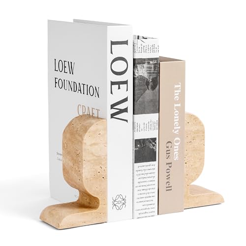 WORHE Travertine Bookends Decorative, Marble Decorative Bookends for Shelves, Heavy-Duty Stone Book Ends for Hardback Book & Cookbooks, Unique Book Stopper & Holder Set of 2 Beige (WH090) - color: Beige