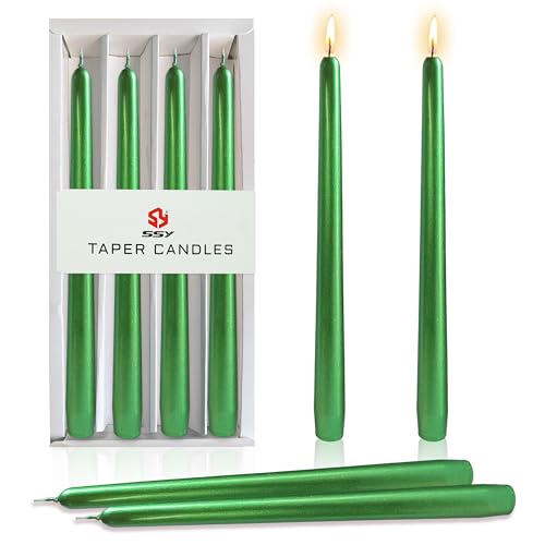 10 Inch Metal Taper Candles Handmade Smokeless Set of 4 – Unscented Tapered Candles in Green, Candle Sticks for Wedding, Home Decor, and Dinner Table - color: Green 4MT