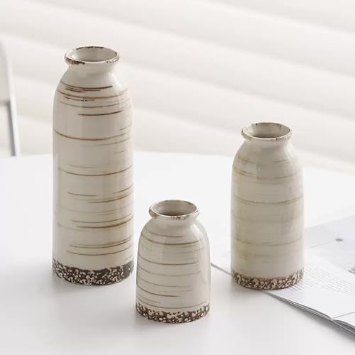 Rustic Ceramic Vase Set of 3 - Beige Rustic Vases for Flowers,Farmhouse Flower Vases for Home Decor,Small Decorative Vase Set for Living Room,Table Shelf,Centerpieces and Fireplace Decorations - color: Beige, size: Set of 3 (8.54 IN, 5.82 IN, 3.93 IN)