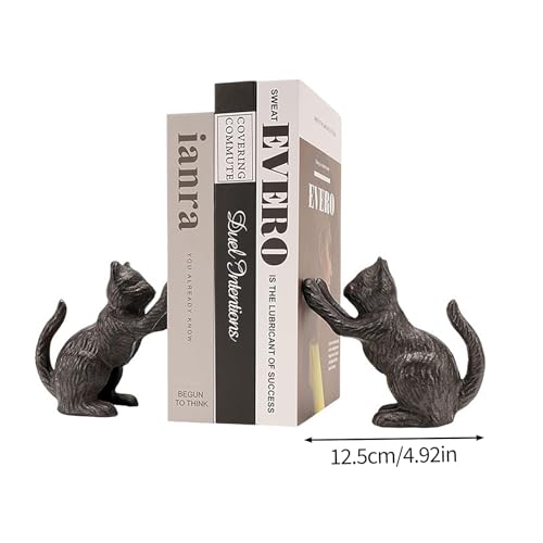 Book Ends for Shelves, Cat Bookends for Heavy Books, Cast Iron Cats Sculptural Bookend Pair with Anti Slip Base Book Stopper for Shelves Books Home Office Vintage Shelf Decor