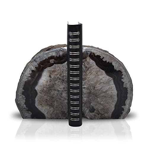 Nature's Decorations A Quality Black Agate Geode Bookends - Heavy Duty with Non-Skid Rubber Bumpers for Shelves, Office, Home Decor - Cool Crystal Stone (1 Pair 3-4 LB) - color: Black, size: A Grade 3 - 4 Lbs