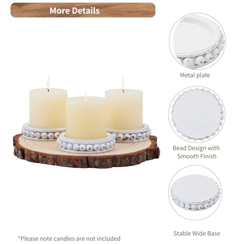 Wooden Candle Holders for Pillar Candles, Set of 3 Wood Beaded Plate with Metal Cup Inserts, 4 Inch Rustic Farmhouse Tray Stand for Fireplace Mantel, Table Centerpiece Decor - White - color: Distressed White