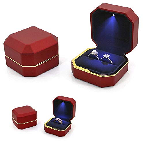 Luxury Ring Box, Square Velvet Wedding Ring Case Jewelry Gift Box with LED Light for Proposal Engagement Wedding, Red - color: Red, size: Ring Box