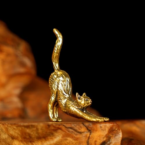 CHOVY Retro Seductive Cat Sculpture-Elegant Stretched Pose 100% Solid Brass Handcrafted - Ideal Home Decor Desk Ornament Collectible Art Piece Office Accent Artistic Scene Decoration - style: Seductive Cat