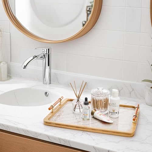DEAYOU Bamboo Serving Tray with Handles, Marble Pattern Plastic Decorative Ottoman Tray, Large Serving Platter for Coffee Table, Breakfast, Dinner, Perfume, Kitchen Counter, Rectangle, 15.5"x11.5"