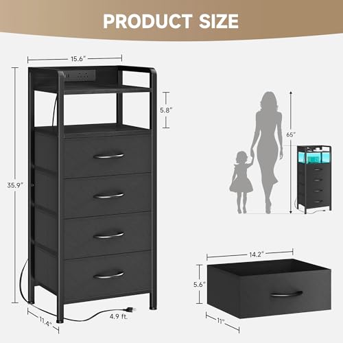 Lazzanto Night Stand Bedside Table Bedroom - Tall Nightstand with Charging Station & LED Light Strip, Bed Side Table with Storage Shelf & 4 Fabric Drawers, 2 U-S-B Ports & 2 AC Outlets - color: Black, size: 4 Drawers