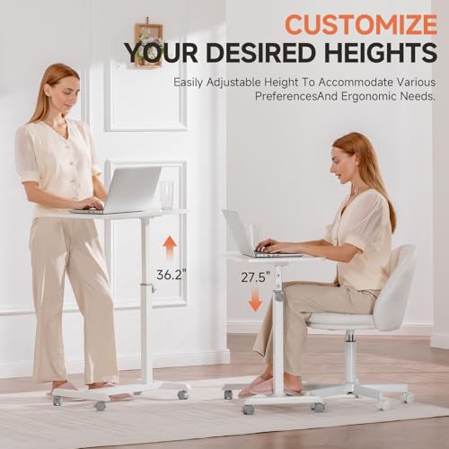GTPLAYER Mobile Small Standing Desk, Sit Stand Portable Rolling Laptop Desk with Lockable Wheels, Adjustable Height Overbed Bedside Table Computer Workstations, White - size: 24x16in (Non-Tiltable)