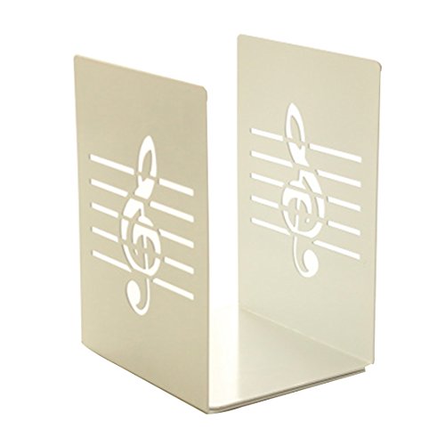 A Pair of Fashion Creative Music Note Solid Metal Book Stand Bookends for Kids Music Lover Home Office Decoration (White) - color: White