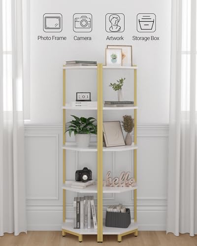 Hzuaneri Corner Shelf Stand, Corner Bookshelf, Storage Standing Shelf Unit with Metal Frame, Plant Stand, Bookcase for Living Room, Home Office, Bedroom, 5-Tier White Gold CS05903A - color: White Gold, size: 5 Tier