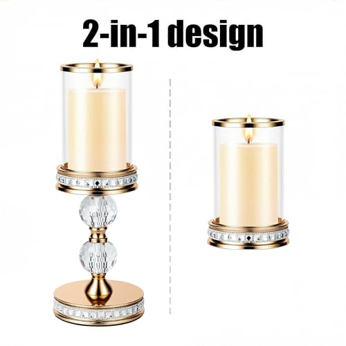 12.4" Tall Hurricane Candle Holder, Pillar Candle Holders with Glass Sleeve with Gift Box, Crystal Candle Stands for Home Warming, Weddiing, Dining Room Decor, Table Centerpiece (2, Gold, M) - color: Gold, size: Medium
