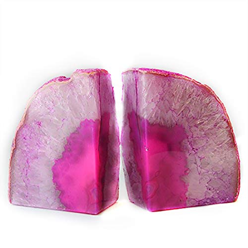 JIC Gem Decorative Crystal Book Ends Polished Dyed Pink Color Geode Brazilian Agate Bookends with Rubber Bumpers Small Size(1 Pair, 2-3 LBS) - color: Pink Dyed, size: 2-3LBS.