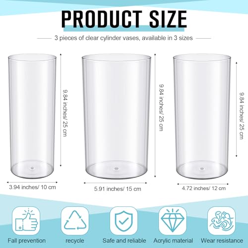 meekoo 3 Pcs Flower Acrylic Vase Cylinders Round Decorative 4 x 10 in, 5 x 10 in, 6 x 10 in Vase Break Resistant Acrylic Flower Cylinder for Centerpiece Home Wedding Decor(Clear, Classic) - color: Classic, size: 4 x 10 in, 5 x 10 in, 6 x 10 in