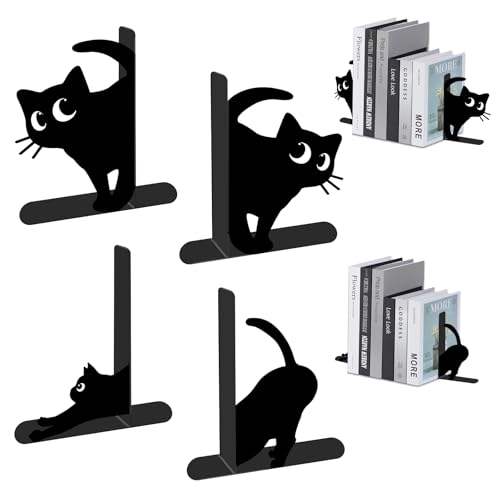 4 Pcs Cat Metal Bookends - Cute Cats Book Ends for Shelves Decorative, Home Office Desk Bookshelf Decor, Gift for Cat Lovers and Reading Enthusiasts, Christmas Reading Gifts for Women - color: Cat