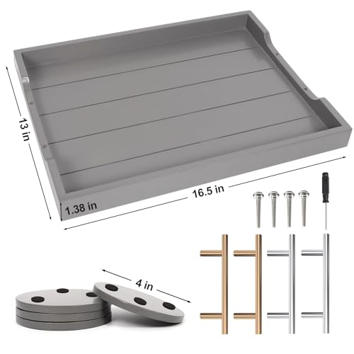 SXNOWS Wooden Serving Tray with 2 Sets of Handles,Large Ottoman Tray for Living Room, Rectangular Wood Tray for Coffee Table, Modern Farmhouse Kitchen Decor, 4 Round Coasters Included,Gray - color: Gray