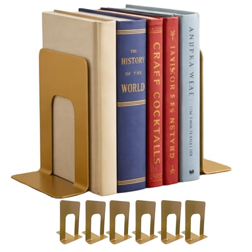 Alessk Dark Matte Gold Bookends for Shelves, Heavy Duty Metal Bookends Supports Heavy Books, Decorative Gold Stops for Home or Office Decoration - 3 Pairs (6 Pieces). - color: Gold 3 Pairs