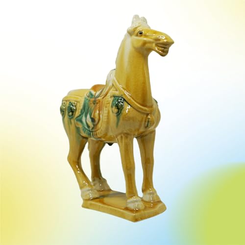 Handmade Tang Dynasty Tri-Color Horse Ceramic Sculpture - 19cm Traditional Chinese Cultural Art Decor - Symbol of Prosperity & Good Fortune - Perfect for Home, Office, Bookcase Shelf (Yellow) - color: Yellow