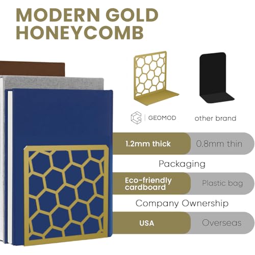 GEOMOD Geometric Honeycomb Gold Metal Bookends Decorative - Tall Sturdy Book Ends for Shelves - Modern Heavy Duty Bookend Stopper - Office or Home Book Shelf Book Holder - 6x3.25x6.25 Inches - 1 Pair - color: Gold, size: 1 Pair, style: Honeycomb