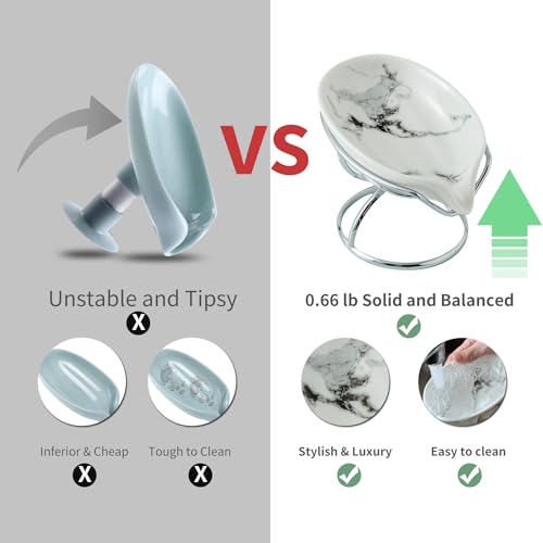Dobbyby Leaf-Shaped Soap Dish – Premium Ceramic Soap Bar Holder with Self-Drainage System – Bar Soap Holder for Shower, Bathroom Sink, Kitchen – Waterfall Soap Dish with Stainless Steel Stand (SLIVER) - color: Sliver