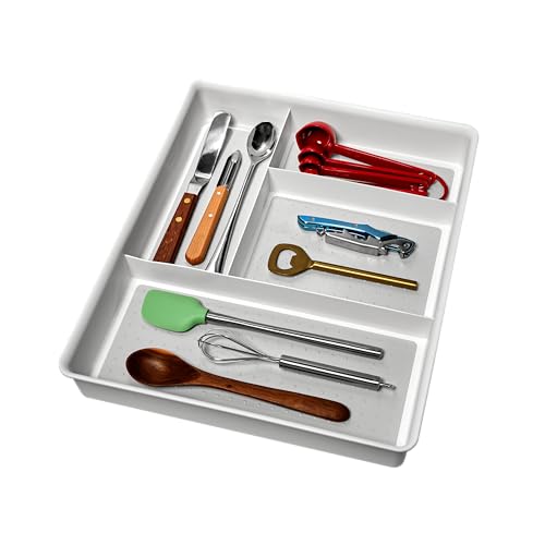 madesmart 4 Compartment Drawer Organizer, Multi Purpose Storage for Utensils, Office Tools, Cords, & Small Household Items, Tech Accessories, Arts & Crafts Supplies, Non Slip Lining, White - color: PremiumWhite