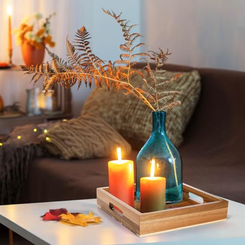 YOUEON Set of 2 Acacia Wood Serving Tray with Handles, 10x10x2 Inch Decorative Serving Trays for Food, Ottoman Tray, Square Coffee Table Trays for Dinner, Coffee, Wine, Appetizer