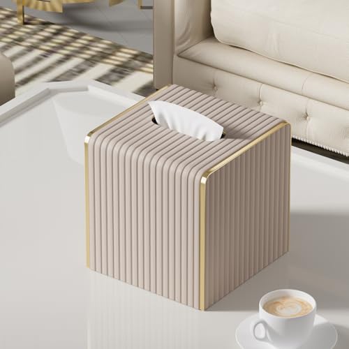 Tissue Box Cover,Beige Cube Leather Tissue Box Holders with Gold-Tone Edging Accents,Decorative Tissue Covers for Bathroom Toilet Bedroom Living Room Table Desk Office Car,Decor Aesthetic - color: Beige, size: Square Standard