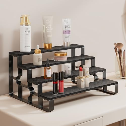 4 Tier Perfume Organizer for Men, Cologne Organizer Stand,Display Shelf Stands for Dresser,Wooden Shelf Display Risers for Party,Makeup,Figures,Cupcake,Dessert (Black, 4 Tiers-Width=14") - color: Black, size: 4 Tiers-width=14"