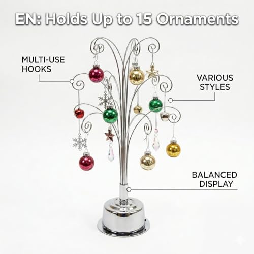 HOHIYA 360° Rotating Ornament Display Stand 15 Hooks Tabletop Christmas Tree Ornament Holder Metal Hanging Display Rack for Crystal Glass Baubles Jewelry and Home Decor Chrome Silver - color: Chrome
