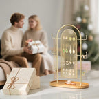 bussdis Jewelry Display Earring Stand Gold Organizer Earring StorageTree Jewelry Rack Towers with 6 Hooks 300 Stud Holes Wood Tray for Necklaces Bracelets Ring - color: Gold