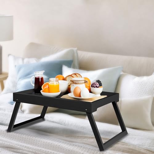 Bamboo Bed Tray Table with Folding Leg, Breakfast in Bed Tray for Eating,Kitchen Serving,Food, Sofa, Snacking or Working, Laptop Desk Dinner(1, Black) - color: Black