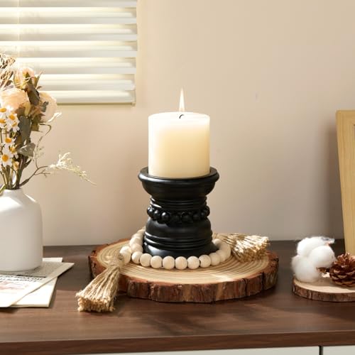 Wooden Candle Holder with Metal Cup - Rustic 4 Inch Pillar Candles Pedestal Stand for Tabletop, Fireplace, Decorative Beaded Candlestick Holders for Farmhouse Vintage Home Decor - Black - color: Black