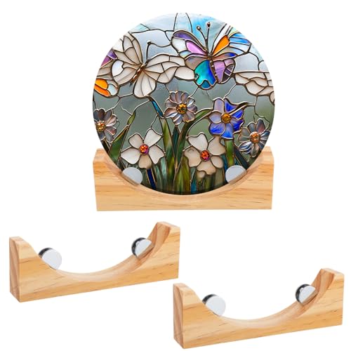 AceOrbit 2 Pcs 8 Inch Wood Adjustable Round Glass Display Stands Easel for Glass Art Creations Stained Photos Ceramic Tiles Plaques Collectibles Home Office Trade Show