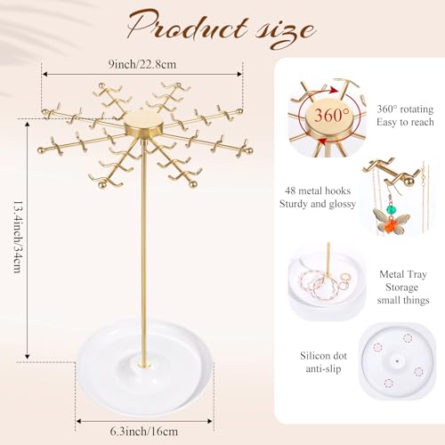 Rotating Necklace Holder Jewelry Stand, Gold Necklace Organizer Display with 48 W-shaped Hooks,Jewelry Organizer for Necklaces Earrings Rings Storage Tree, Presents for Women - color: gold-1pcs