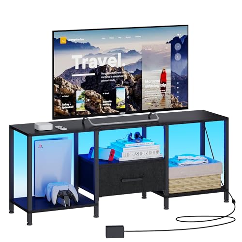 JARHETUN TV Stand with LED Lights, Entertainment Center with Open Shelves and Fabric Drawer, Media Console for 55 Inch TV, Television Stands for Living Room, Bedroom, Black - color: Black With Led Light, size: 46.1 Inches
