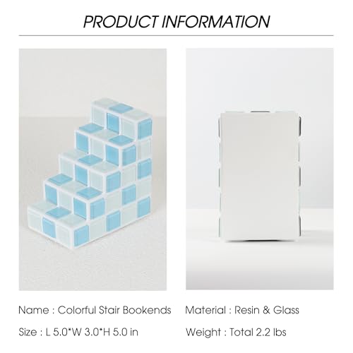 Decorative Bookends for Shelves - Stair Book Ends for Heavy Books - Unique Book Stopper & Holder for Shelves - Modern Home Decor Aesthetic Bookshelf Decor (Light Blue & White) - color: Light Blue & White