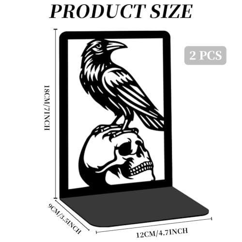 Raven and Skull Decor Gothic Metal Bookends for Shelves, Office Desk Organizer Book Ends for Heavy Books, Home Office Desk Bookshelf Decor Gift for Gothic Lovers and Reading Enthusiasts - style: Crow