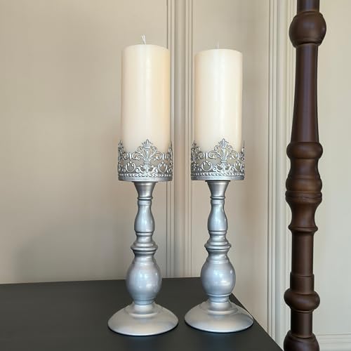 Candle Holders for Pillar Candles Gothic Matte Pearl Silver Tall Candle Holders Set of 2 Decorative Large Table Centerpieces Candle Stand Decor (Pearl Silver 2PCS A) - color: Pearl Silver 2pcs a