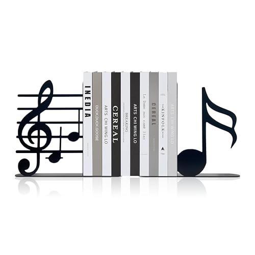 Ecqizer Music Themed Book Ends,Musical Note Bookend,Metal Bookend,Bookends Decorative,Home Decorative Bookends,Bookshelf Holder,Gifts for Music Lovers,Music Teacher and Women, Black