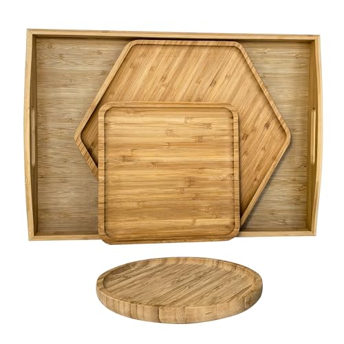 Bamboo Serving Tray Dinner Plates Cheese Board 16.5"x11.8"（42x30cm with Handle, Set Includes 1xHexagon 12.5"(32cm)+1xSquare 7.8"(20cm)+1xCircle 7.8"(20cm) - color: A-hexagon+square+circle