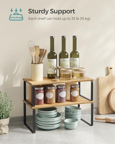 SONGMICS Cabinet Organizer Shelf, Set of 2 Kitchen Counter Shelves, Kitchen Storage, Spice Rack, Stackable, Expandable, Metal and Engineered Wood, Ink Black and Natural Beige UKCS200B01 - color: Ink Black + Natural Beige, size: 15.6"W