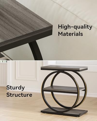 LITTLE TREE End Table, 3-Tier Side Table, Slim Sofa Side Table for Living Room, Tall Bedside Table Nightstand for Bedroom, Grey and Black - color: Grey