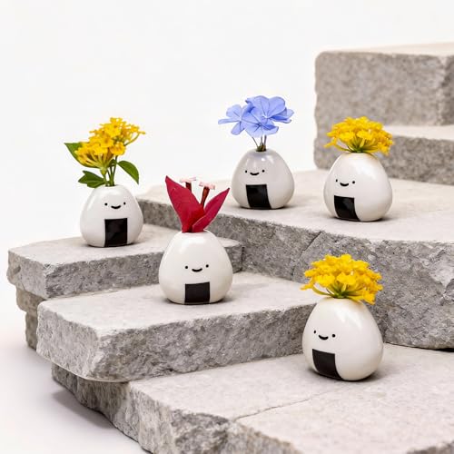 Tnstbiee 5 PCS Mini Onigiri Flower Vase Set - Cute Japanese Handmade Bud Vases Bulk for Dried Flowers, Small Centerpiece Vase for Coffee Table Living Room Home Decor, Unique Japandi Tiny Ceramic Vases