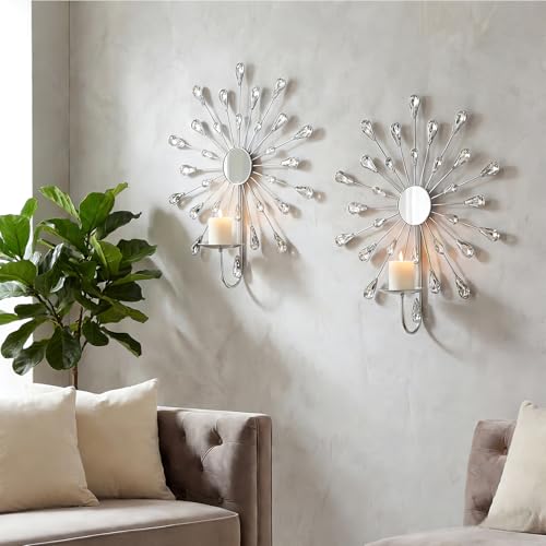 Crystal Rhinestone Wall Candle Sconces Set of 2 Bling Diamond Metal Sunburst Candle Holders Iron Decorative Wall Mounted Holders for Living Room Bedroom Bathroom Silver - color: Silver